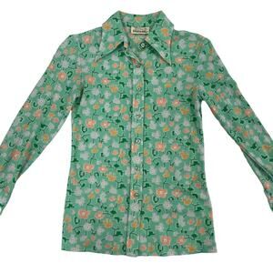 Hillbilly Made in Taiwan 100% Nylon Abstract Floral Button Down Top Girls Medium